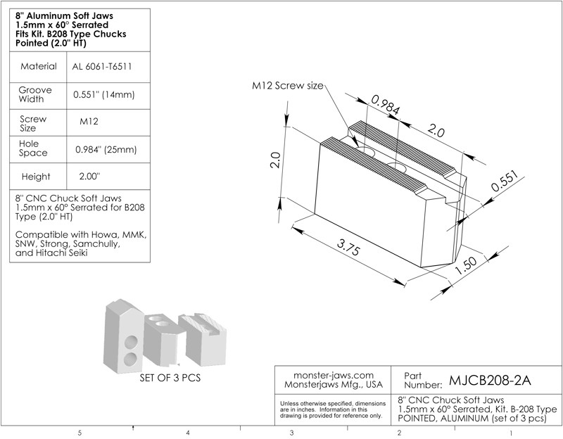 MJCB208-2A 1 Set of Aluminum Pointed Jaws 1.5mm x 60