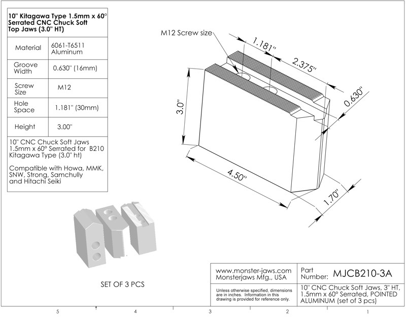 MJCB210-3A 1 Set of Aluminum Pointed Jaws 1.5mm x 60° Serrated for