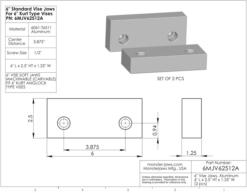 6MJV62512A (6x2.5x1.25) Standard Aluminum Machinable Soft Jaws for