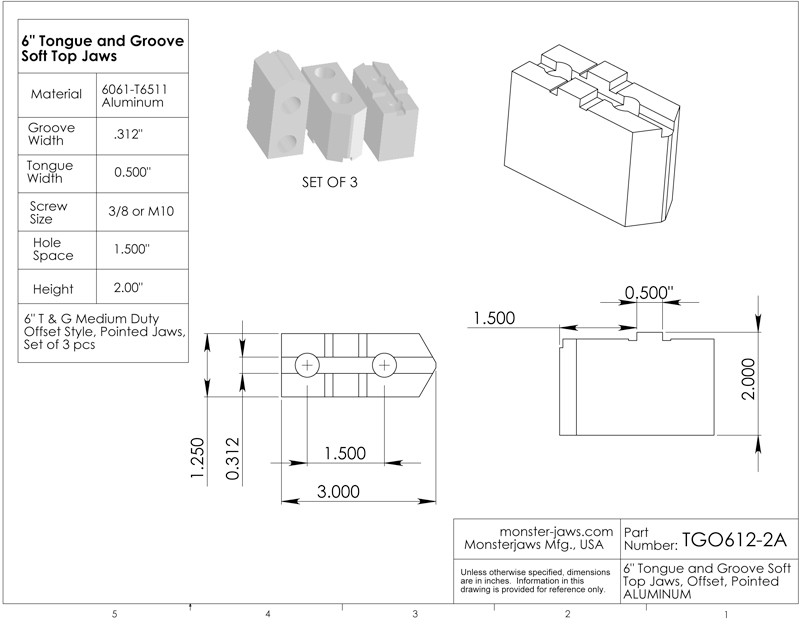 TG-6151-18AP ALUMINUM SOFT JAWS FOR TONGUE /& GROOVE 6/" CHUCK 1.5/" HT 3 PCS