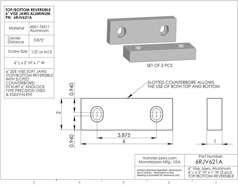 6RJV621A (6x2x1) Top/Bottom Reversible Aluminum Machinable