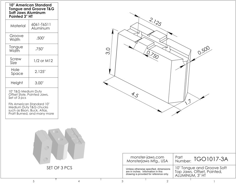 American Standard Steel Soft Jaws For 10" Tongue & Groove Chuck – 3.0HT (3-Piece Set)
