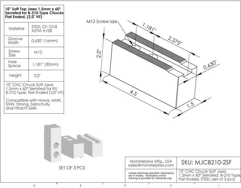 MJCB210-2SF 1 Set of Steel Flat Ended Jaws 1.5mm x 60° Serrated