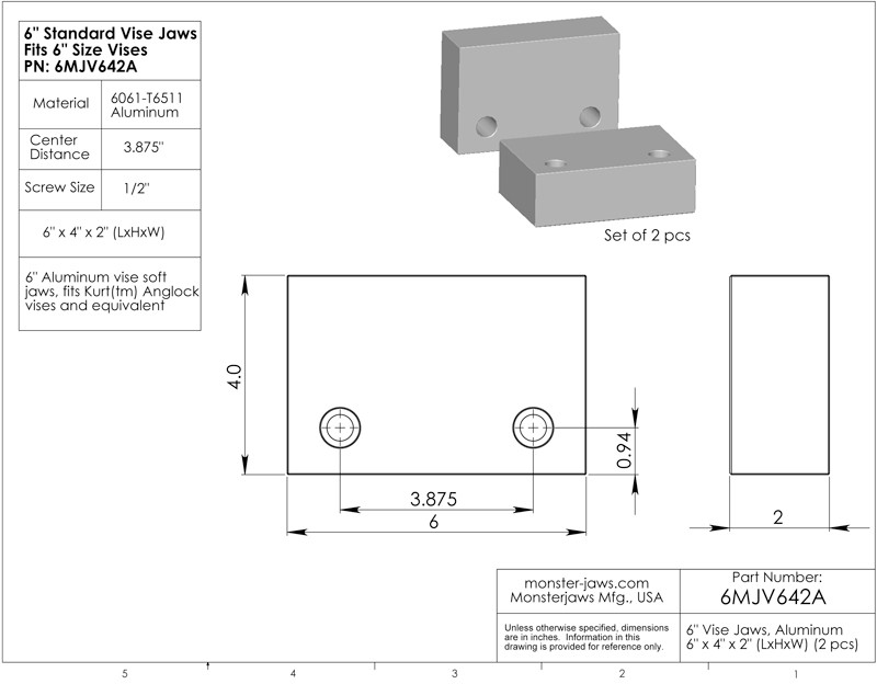 6MJV642A (6x4x2) Standard Aluminum Machinable Soft Jaws for