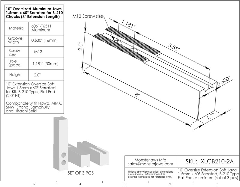 XLCB210-2A Aluminum Oversized Extended Length Jaws 1.5mm x 60
