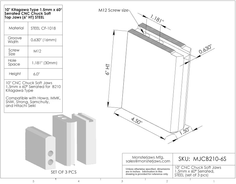 MJCB210-6S 1 Set of Steel Pointed Jaws 1.5mm x 60° Serrated for 10