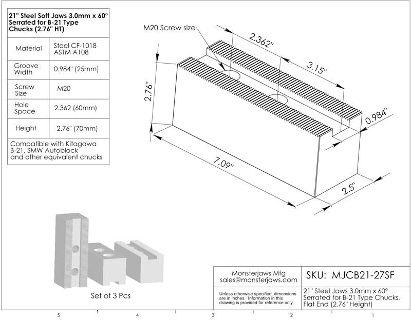 Turner Steel Soft Jaws – 3-Piece Set, Flat, 2.5" Height – For Kitagawa/Samchully B-21 / B-24 Chucks – K-21C-2.5-SF
