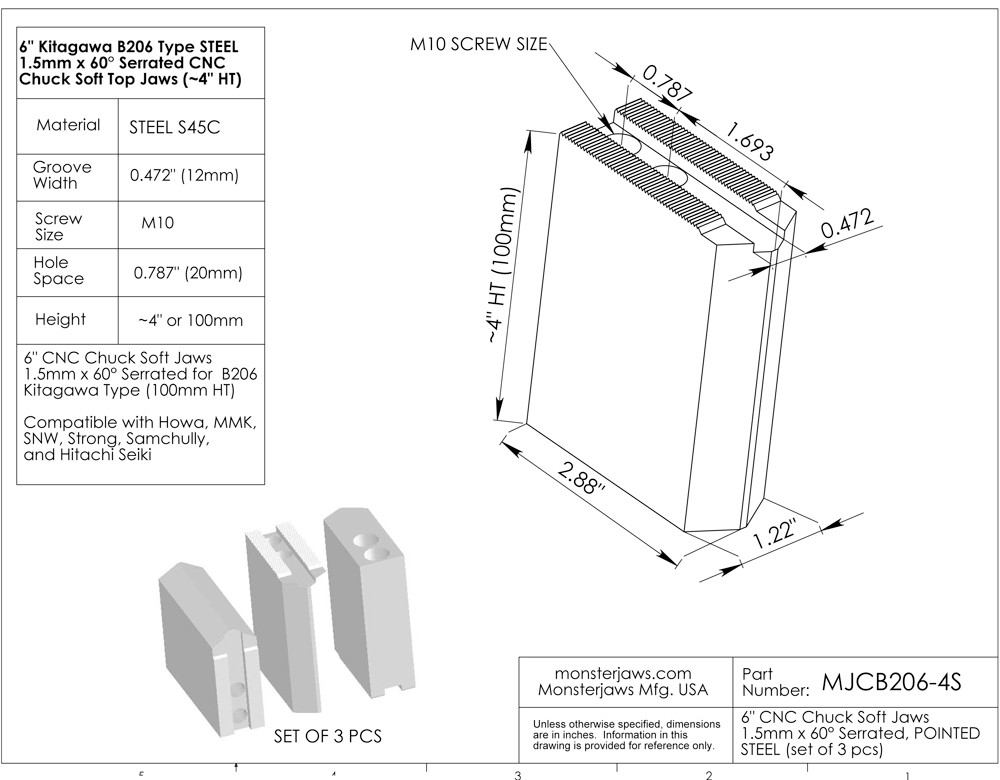 MJCB206-4S 1 Set of Steel Pointed Jaws 1.5mm x 60° Serrated MJCB206-4S 1 Set of Steel Pointed Jaws 1.5mm x 60° Serrated