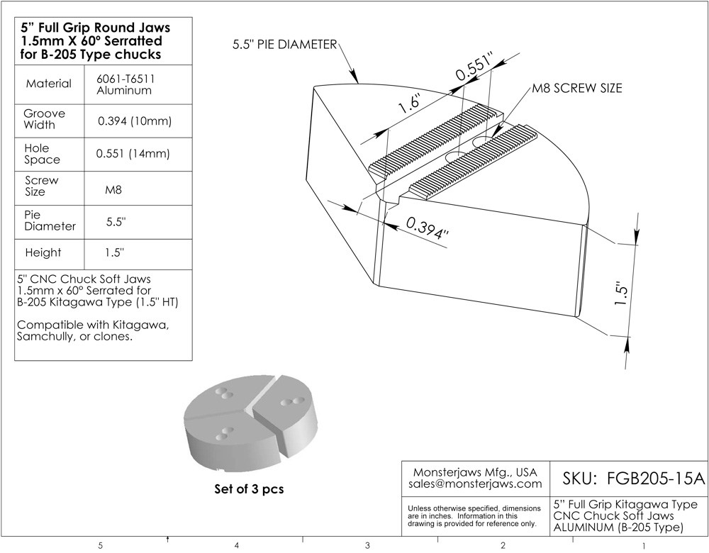 FGB205-15A 1 Set of Aluminum Full Grip Round Soft Jaws 1.5mm