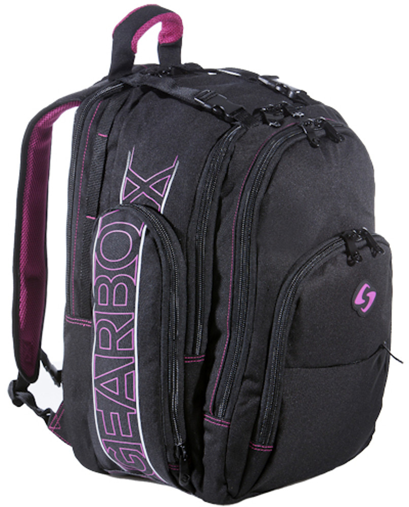gray and black pink backpack