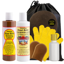 Maui Babe Browning Lotion 8oz & Maui Babe After Browning Lotion 8oz (9 Pc Deluxe Maui Babe Package) Outdoor Tanner & After Sun Enhancer Lotion Kit with Tanning Mitts, Travel Bottle, Draw String Bag & 2 Exfoliation Gloves