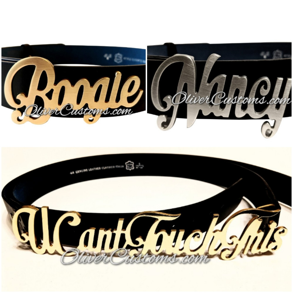 cursive script name belt buckle