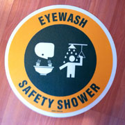 Custom eyewash safety shower sign with graphics.