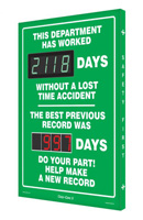 A safety scoreboard with two 4-digit display spaces