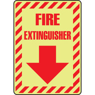 An image of a Photoluminescent Fire Extinguisher Sign.  The words  FIRE EXTINGUISHER and a down pointing arrow are in red on a glow-in-the-dark background.  Red and  glow-in-the-dark striping frame the outside of the sign.