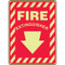 An image of a Photoluminescent Fire Extinguisher Sign.  The words  FIRE EXTINGUISHER and a down pointing arrow are in glow-in-the-dark material on a red background.  Red and  glow-in-the-dark striping frame the outside of the sign.
