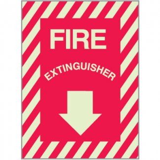 Picture of a Photoluminescent self-adhesive fire extinguisher sign w/ striping, 9"w x 12"h vinyl.