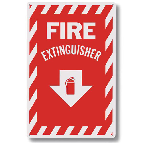 Picture of a Fire extinguisher sign w/ striping, aluminum, 8"w x 12"h aluminum.
