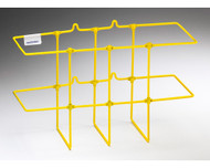 Photograph of the yellow Collapsible PVC Coated Steel Wire 3-Ring Binder Rack in the deployed state.