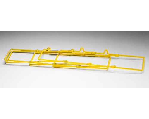Photograph of the yellow Collapsible PVC Coated Steel Wire 3-Ring Binder Rack in the collapsed state.