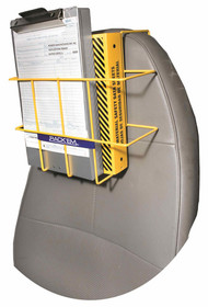 Photograph of the Over The Seat 3-Ring Binder Storage Rack deployed on a chair.