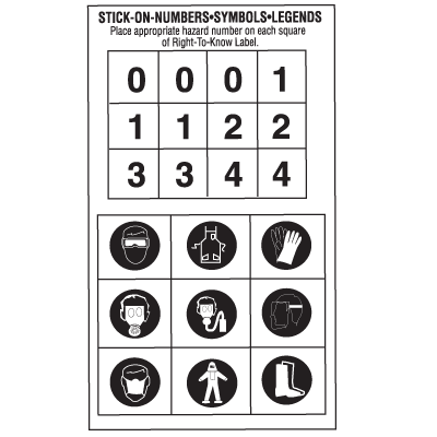 A drawing of a Stick-On Right To Know Numbers and Symbols sheet.