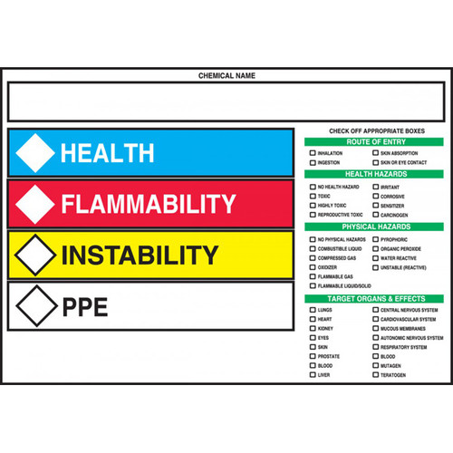 Photograph of the HCMIS Labels w/ Route of Entry, Health Hazard, Physical Hazard, and Target Organ Checkboxes.