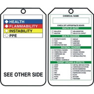 An image of front (left) and back (right) of a 01228 Hazardous Communication Safety Tag as described in the product description on this page.