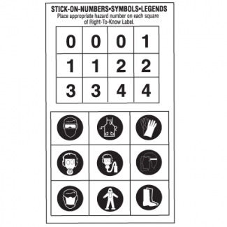 Drawing of page of black and white number and Right to Know stickers.