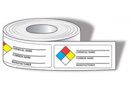Drawing of roll of NFPA chemical name labels with colored squares and common name and manufacturer.