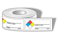 Drawing of roll of NFPA chemical name labels with colored squares and owner and date.