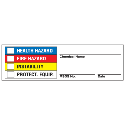 Drawing of super-sticky Right To Know label with colored check-boxes.