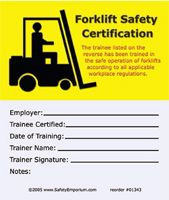 Drawing of both sides of yellow and white forklift safety certification cards with symbol.