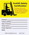 Drawing of both sides of yellow and white forklift safety certification cards with symbol.
