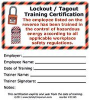 Drawing of both sides of lockout/tagout training certification cards with symbols.