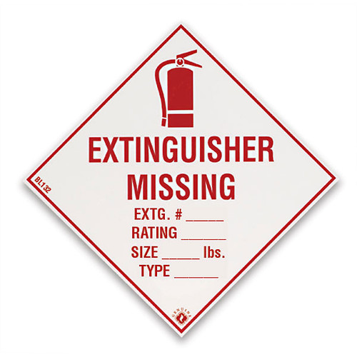 Picture of an Extinguisher Missing self-adhesive label w/ icon, 4"w x 4"h vinyl.