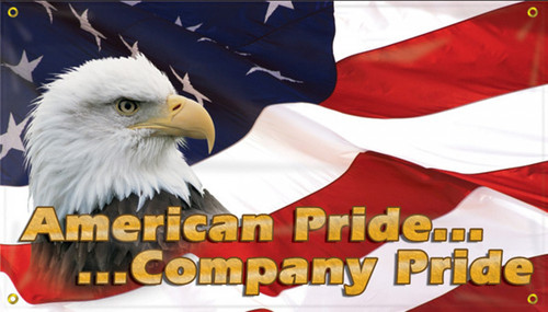 Picture of the Workplace Safety Banner that features a colorful US flag background, a photographic image of a bald eagle, and wording of "American Pride... ...Company Pride."