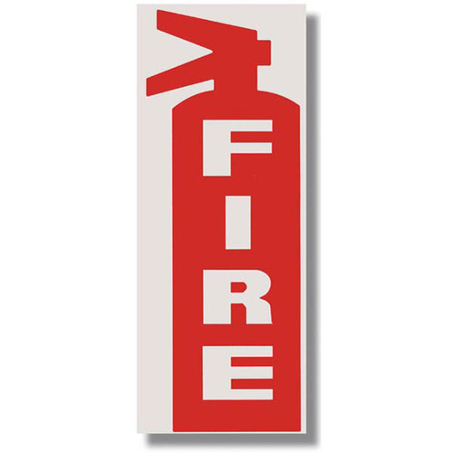 Picture of a Die Cut Fire Extinguisher Sign w/ FIRE and Icon, White on Red, 3"w x 8.5"h vinyl.