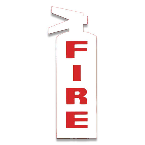 Picture of a Die Cut Fire Extinguisher Sign w/ FIRE and Icon, Red on White, 3"w x 8.5"h vinyl.