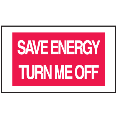 Drawing of red and white save energy turn me off mini instructional label.