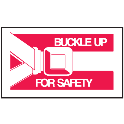 Drawing white and red buckle up for safety mini instructional label with graphic.