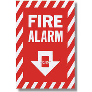 Picture of a Fire alarm sign with arrow and icon, 8"w x 12"h vinyl.