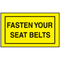 Drawing of black and yellow fasten your seat belts mini instructional label.
