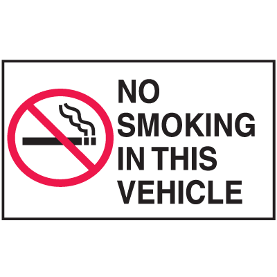 Drawing of white and black no smoking in this vehicle mini instructional label with graphic.