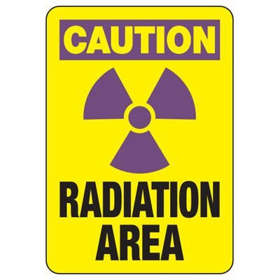 A drawing of a yellow 01612 sign with a purple OSHA CAUTION header, purple radiation symbol and black text of "RADIATION AREA".