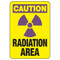 A drawing of a yellow 01612 sign with a purple OSHA CAUTION header, purple radiation symbol and black text of "RADIATION AREA".