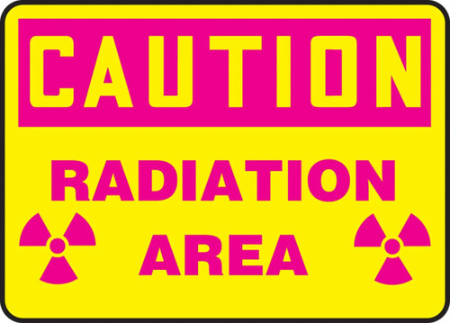 An image of OSHA safety sign 01612.  These yellow signs feature a magenta OSHA-style CAUTION header, two magenta radiation symbols at the bottom corners, and the magenta text of "RADIATION AREA" between the two symbols.