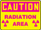 An image of OSHA safety sign 01612.  These yellow signs feature a magenta OSHA-style CAUTION header, two magenta radiation symbols at the bottom corners, and the magenta text of "RADIATION AREA" between the two symbols.