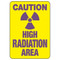 A drawing of a yellow 01613 sign with a purple radiation symbol between purple text of "CAUTION" and "HIGH RADIATION AREA".