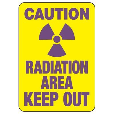 A drawing of a yellow 01613 sign with a purple radiation symbol between purple text of "CAUTION" and "RADIATION AREA KEEP OUT".